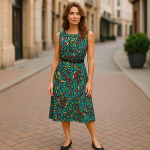 I Le New York Sleeveless Dress Womens Art Deco Floral Keyhole Neck Belted Sz 14W